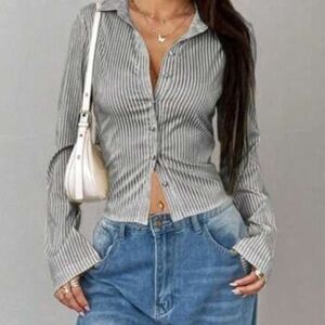 Button-Up Fairy Striped Long Sleeve Shirt Women Size XL